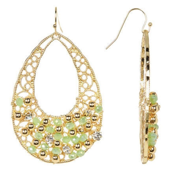 Large Filigree Drop Earrings Peridot color beads - Picture 7 of 8